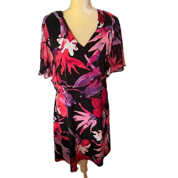 Connected Apparel Dress V Neck Maroon Floral Dress Size 12 - Picture 1 of 6
